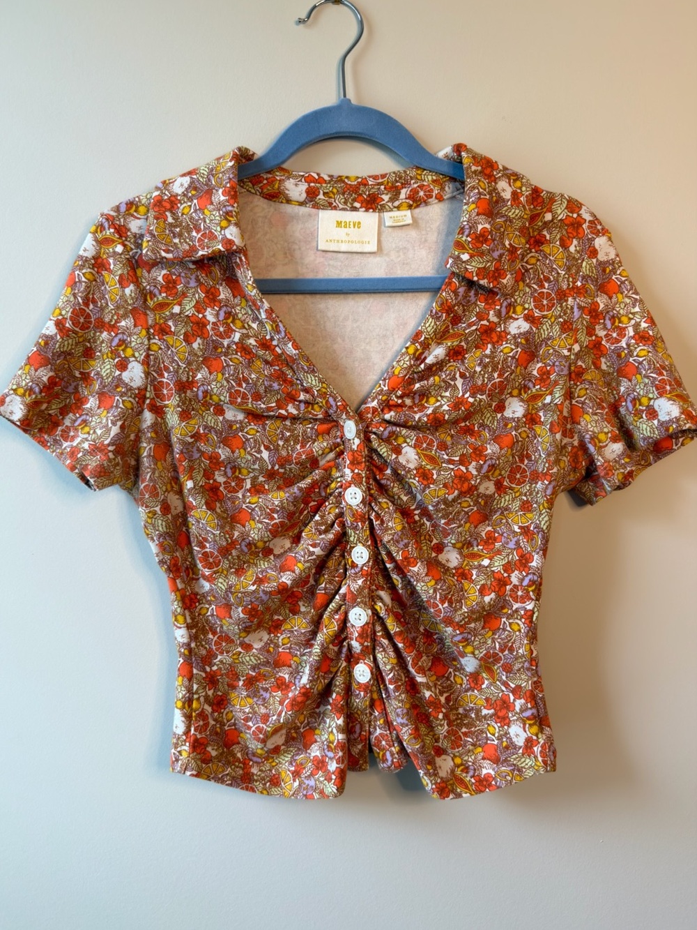 Anthropologie Ruched Button-Front Crop Top - Picture 1 of 4